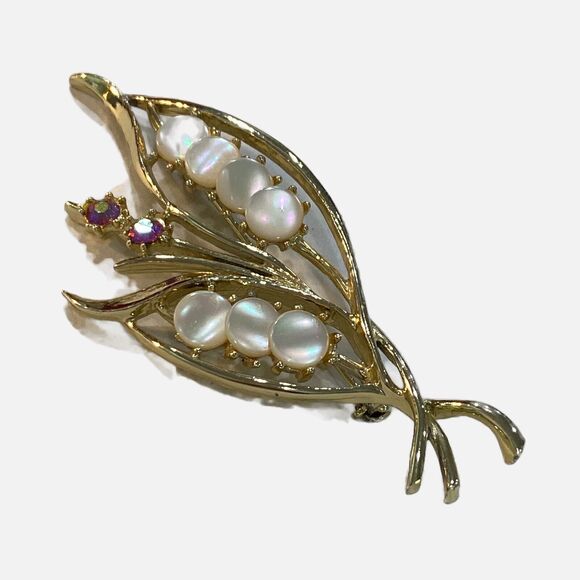 Vintage Mid Century Brooch Goldtone & Opalescent Stone Beads Leaf Shaped Pin - Picture 2 of 8